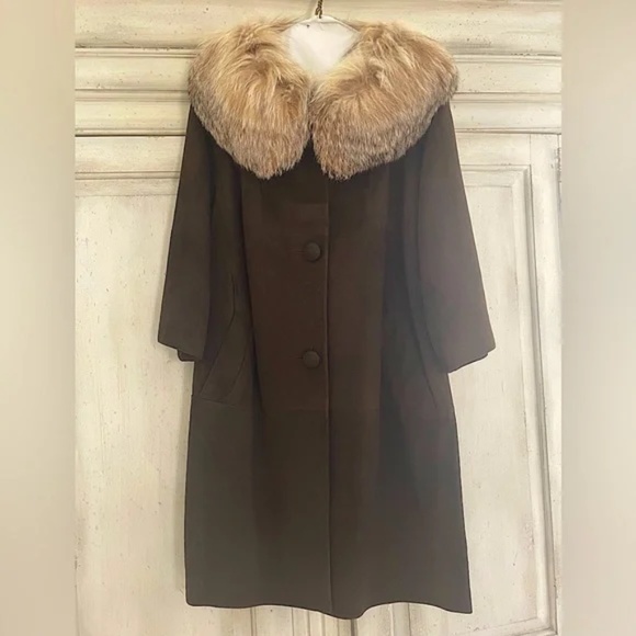 Vintage Suede Leather Coat with Fur Collar with belt - Picture 1 of 7